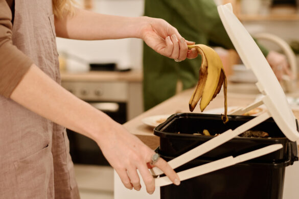 Une personne jetant une peau de banane dans un bac à compost.