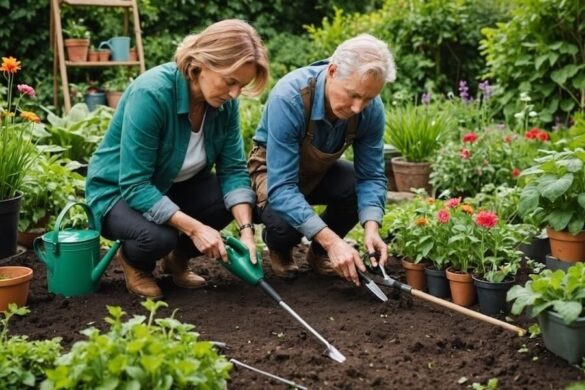 Un couple de jardiniers travaille dans le jardin