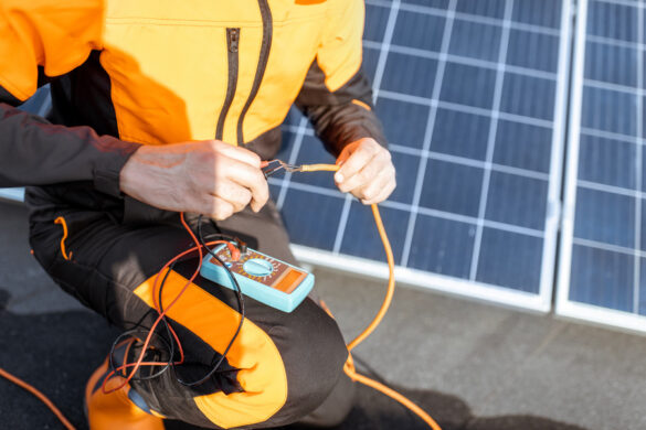 Un homme qui travaille sur l'installation de deux panneaux solaires pour les brancher ensuite sur un même régulateur.