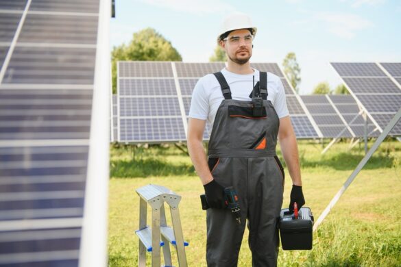 Un professionnel portant un régulateur de panneau solaire dans un champ où les panneaux solaires sont installés.