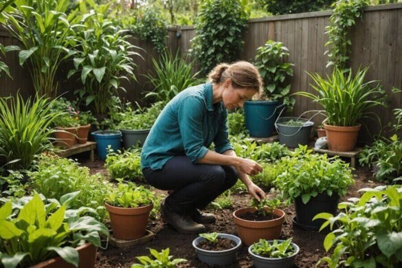 Une femme utilise une technique écologique dans son jardin permaculturel