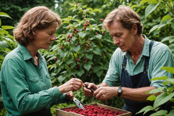 Couple de jardiniers taille des framboisiers pour une récolte de qualité
