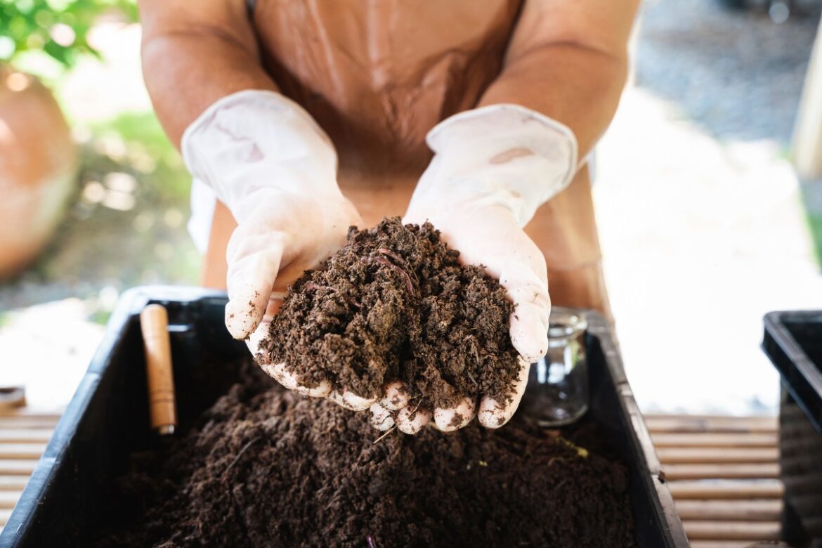 Une personne faisant du compostage et prend des terres avec des mains gantées