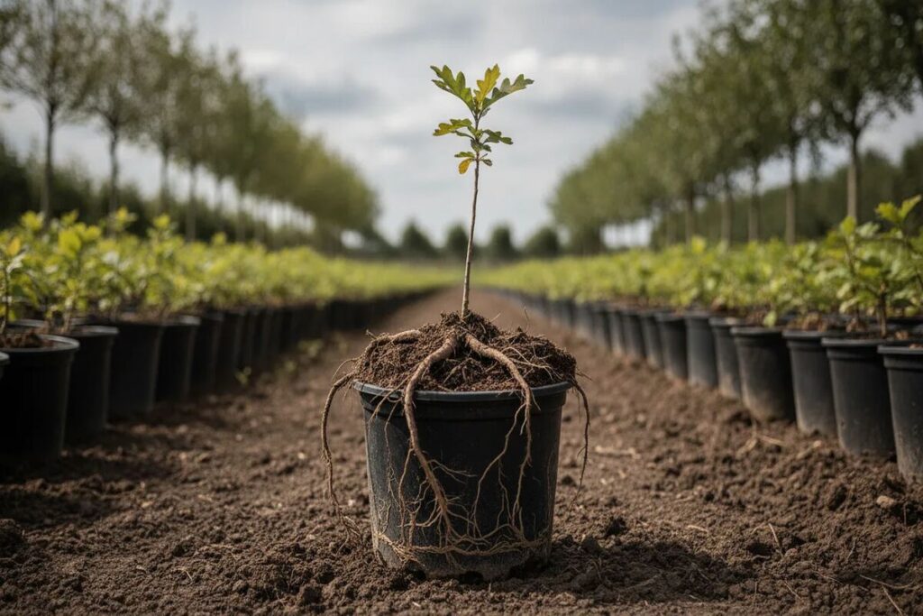 Pépinières avec des arbres fruitiers et des mycorhizations